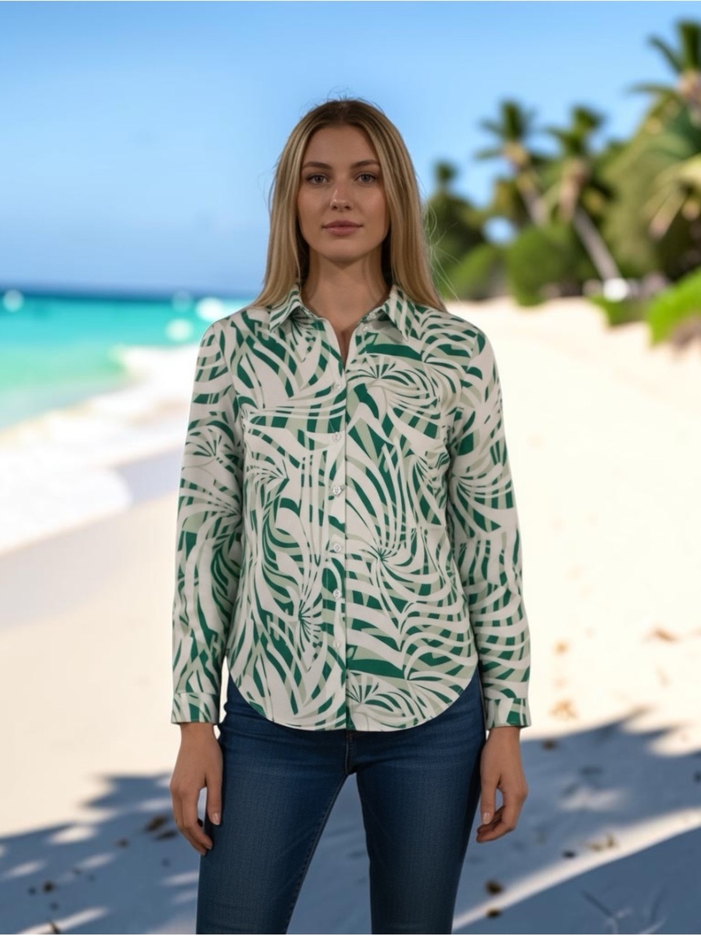 Women's Green Leaf-Print Button Down Shirt by